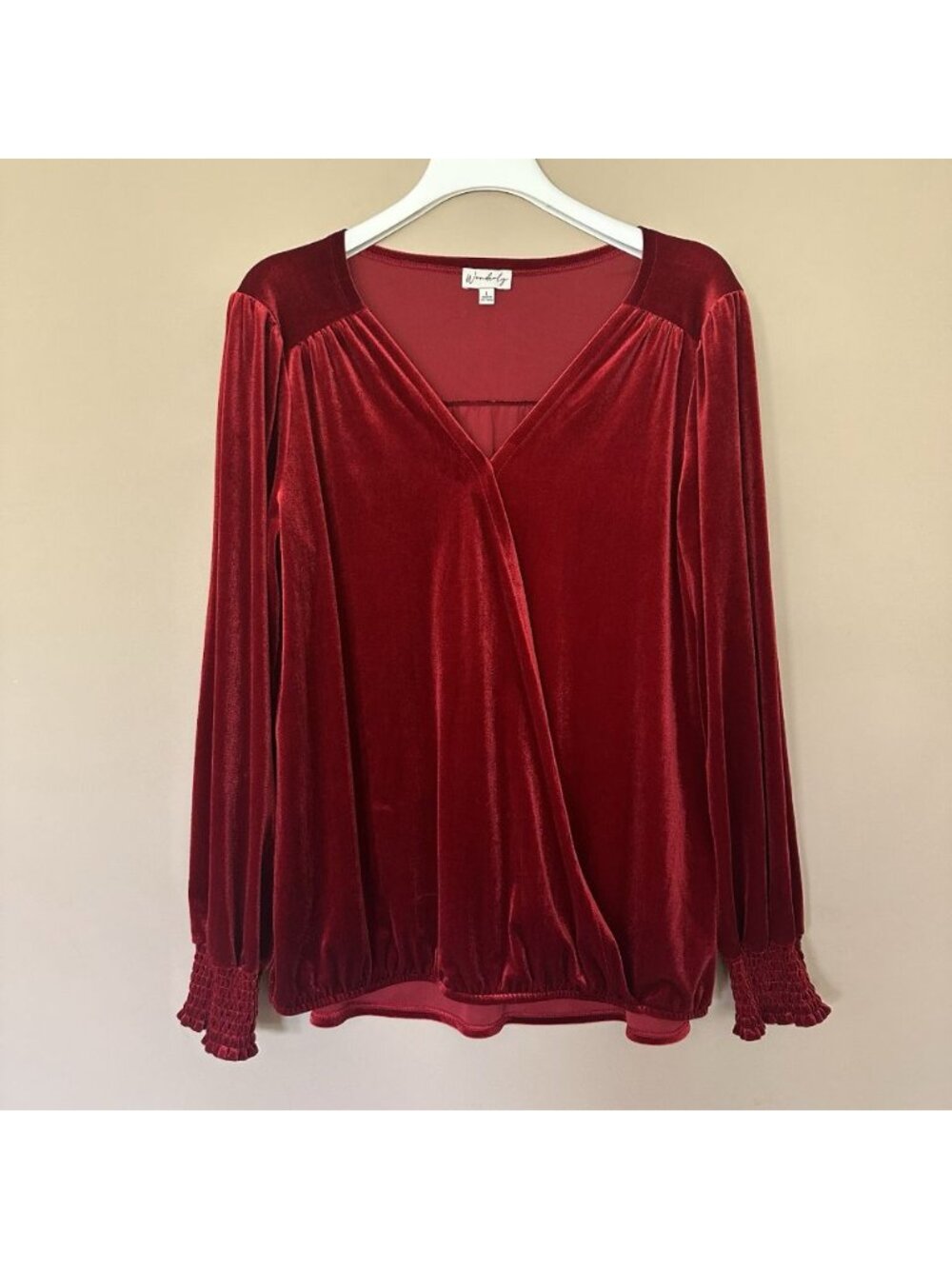Wonderly L Red Velvet Long Sleeve Top Smocked Cuff Festive Feminine Fall Winter - Picture 3 of 8